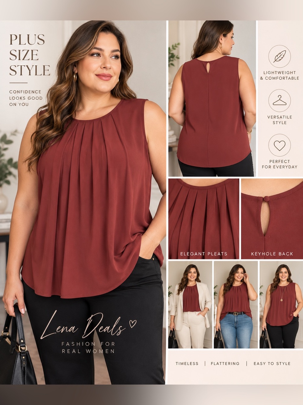 Zenana Plus Pleated Keyhole Top Women’s Sleeveless Rust Sz 3X